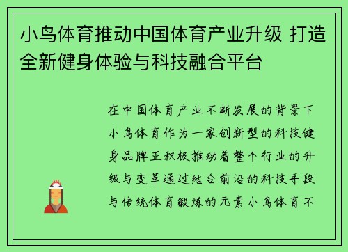 小鸟体育推动中国体育产业升级 打造全新健身体验与科技融合平台